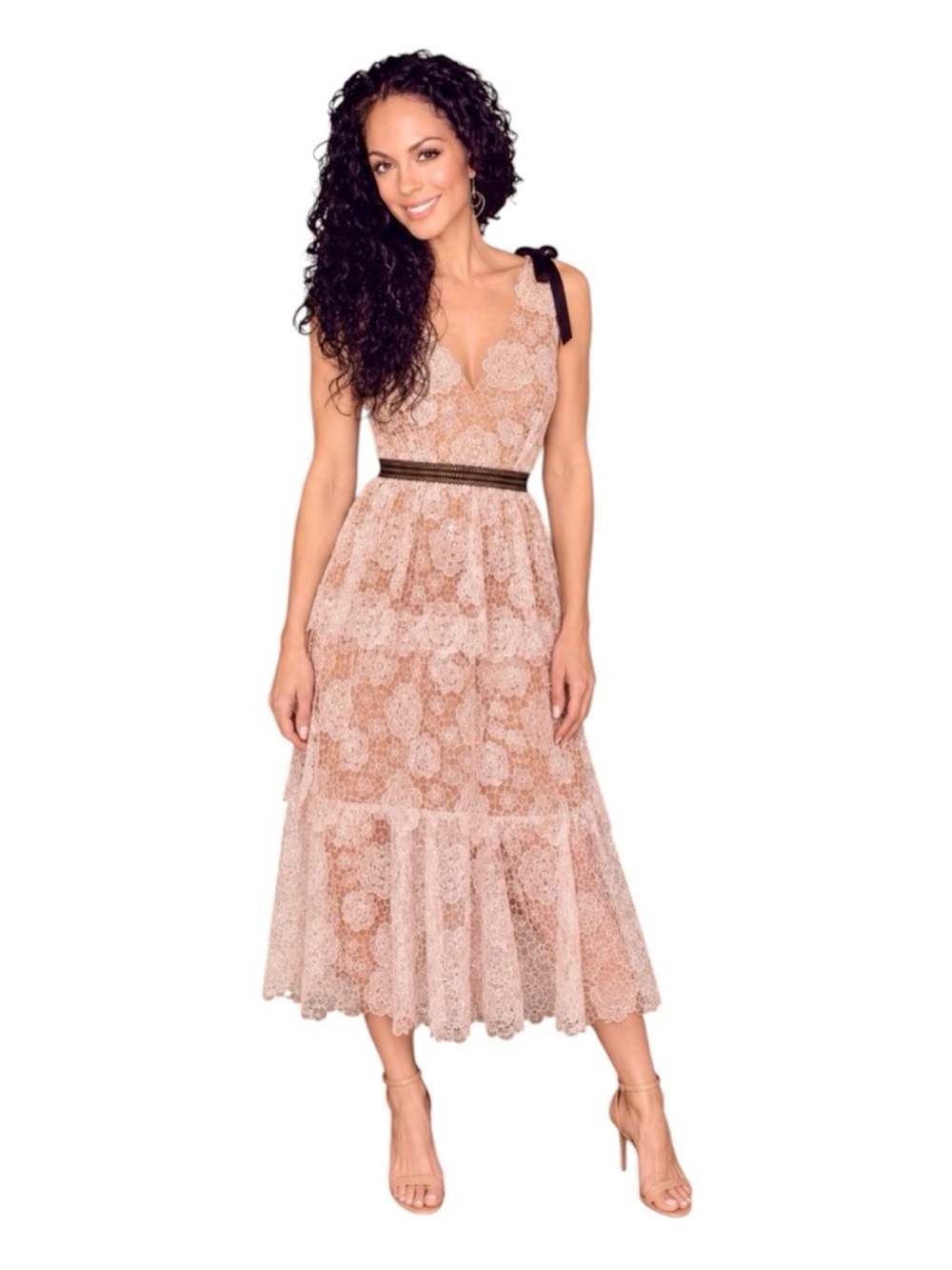 SELF-PORTRAIT Starlet Rose Pink Lace Midi Black Trim Wedding Holiday Party Dress
